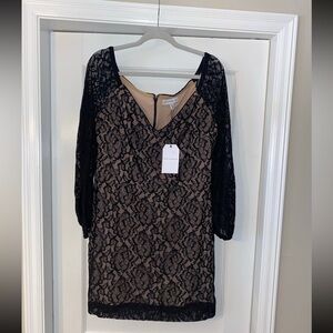 Dress the Population Black Lace Long-Sleeve Sheath Dress with Nude Lining